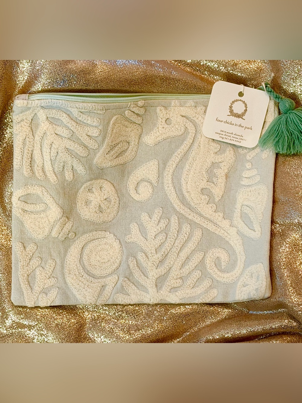 Embroidered Coral, Seahorse & Shell Pouch - Light Mint & Cream